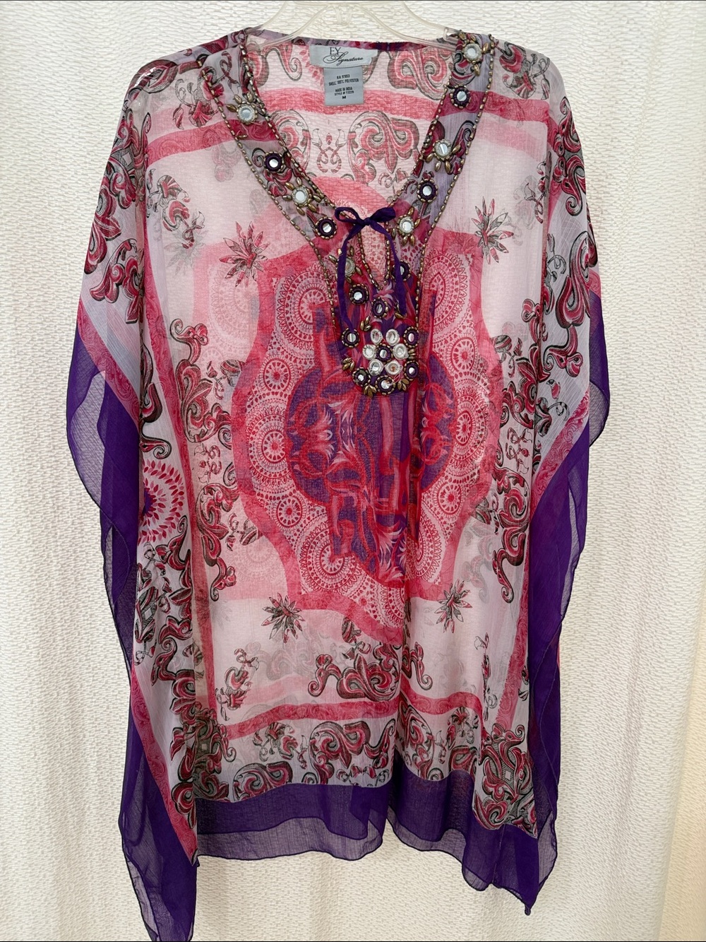 Signature Pink & Purple Embellished Sheer Caftan Coverup